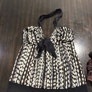 Twelfth Street by Cynthia Vincent Black and White Smocked Tie Front Blouse